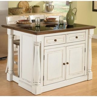 Monarch Granite Inset White Kitchen Island and Two Stools   #X4595
