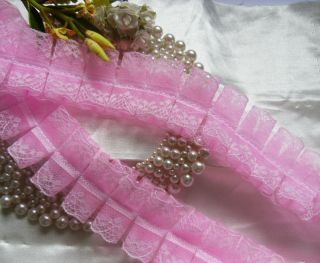 Box Pleated Ruffles White Pink Organza Lace Trims per Yards T330