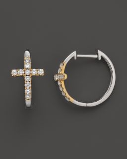 Diamond Cross Hoop Earrings in 14K White and Yellow Gold, .35 ct. t.w
