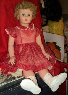 Vintage 1960s Life Size Walking Doll Hard Plastic 34 Red Polka Dot