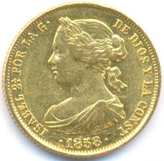 1858 Gold 100 Reales Spain Scarce Date Uncirculated