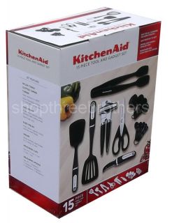 New KitchenAid 15 Piece Kitchen Utensil Tools Set Black Measuring Cups