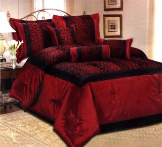 Flocking Leopard Satin Comforter Set Bed in A Bag King Size Red