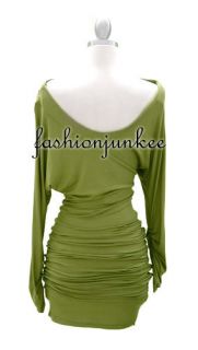 Kiwi Green Unbalanced Dress Mini Jersey Long Sleeve Boat Neck Off The