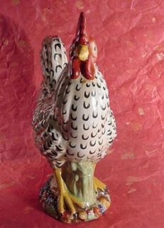 Large Black and White Ceramic Rooster 14 Majolica Standing Chicken