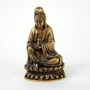 Mini Bronze Kwan Yin Statue Tiny Altar Quan Guan Kuan Amulet Talisman