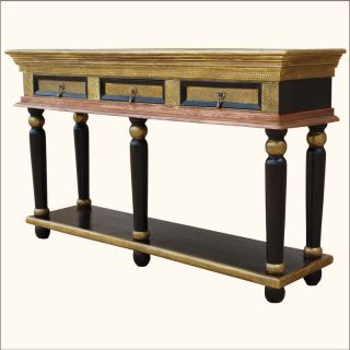 Wood & Brass Royal 3 Drawer Golden Foyer Entry Way Hall Console Table