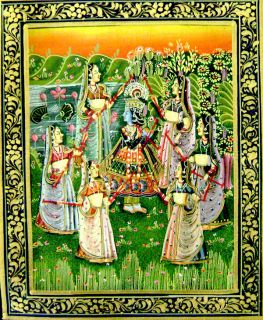 Krishna with Gopis Scene Silk Miniature Painting from India
