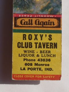 Matchbook Roxys Club Tavern 608 Monroe LaPorte IN La Porte Co Indiana
