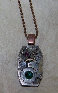 Emerald Steampunk Old Watch Movement Necklace Jewelry Artist Designer