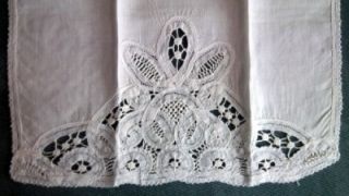 Pair Antique Battenburg Tape Lace Guest Hand Towel White Linen Crochet