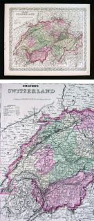 1874 Colton Map Switzerland Geneva Zurich Lucern Swiss Alps Matterhorn