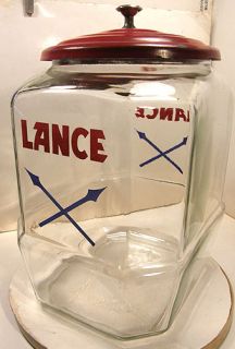 VINTAGE LARGE LANCE SNACK CRACKER GLASS JAR & METAL LID STORE COUNTER