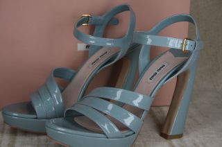 MIU MIU Vernice Largo Blue Patent Strappy Flared Heel Sandal 39 5 $675