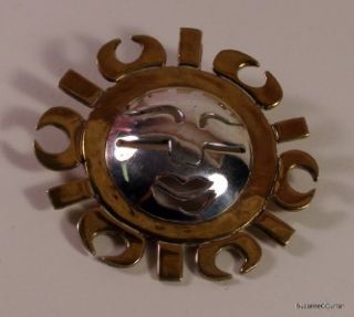 Vintage Laton Mexican Silver Brass Modernist Sun Pin Pendant