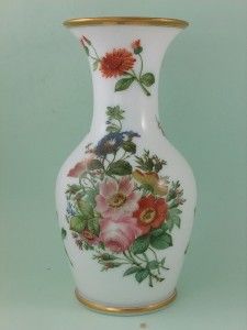 Large Opaline Painted Flowers Milk Glass Vase Antique