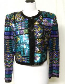 Lawrence Kazar Size XL Heavily Beaded Sequins Black Silk Crop Jacket