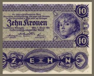 10 Kronen Banknote of Austria 1922 Portrait of A Youth Pick 75 Crisp