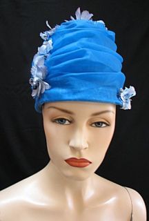 Vintage Ladies Blue Bee Hive Hat w Flowers 1204