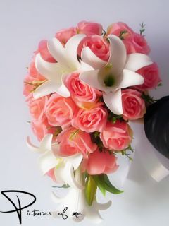PINK ARTIFICIAL CASCADING SILK WEDDING BRIDAL LILY ROSE FLOWER BOUQUET