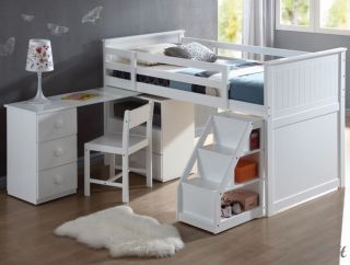 New Wyatt White Finish Wood Twin Loft Bed Workstation w Desk Drawers