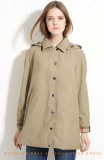 New Burberry London Hooded Coat Check Khaki w Wool Lining Size 10P