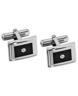 Stainless Steel Cuff Links, Diamond Accent and Black Enamel Cuff Links