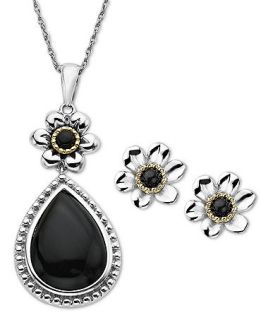Sterling Silver and 14k Gold Jewelry Set, Onyx Flower Pendant and