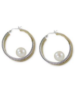 14k Gold and Sterling Silver Earrings, Cultured Freshwater Pearl Hoop