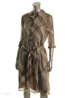 Burberry New Maia Tan Check Silk Chiffon 3 4 Sleeves Belted Casual