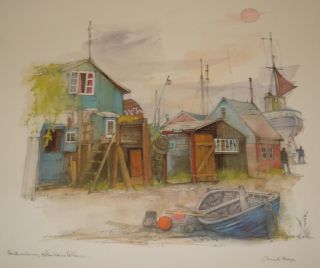 Mads Stage Danish Artist Watercolor Print Lithograph Habour Homes