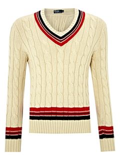 Polo Ralph Lauren V neck cable knitted cricket jumper Cream   House of Fraser