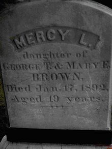 Mercy Browns gravestone in the cemetery of the Baptist Church in