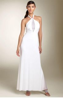 Mary L Couture White Illusion Rhinestone Inset Halter Formal Long Gown