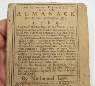 Antique 1765 Almanack Nathanael Low New England RARE Americana