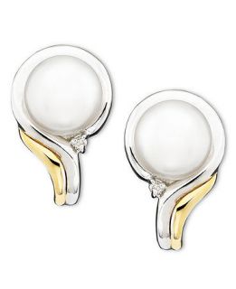 14k Gold & Sterling Silver Pearl & Diamond Accent Earrings   Earrings