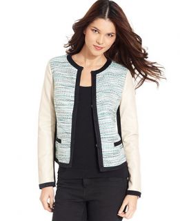 DKNYC Jacket, Faux Leather Ponte Knit Sleeve Tweed Blazer   Womens
