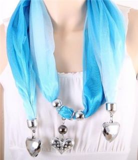 Heart Charm Turquoise Fabric Scarf Necklace Costume Jewelry