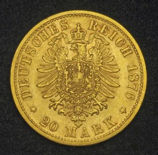 1876 Kingdom of Wurttemberg Charles I Gold 20 Mark Coin aXF