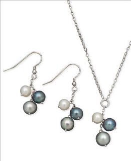 Pearl Earrings and Pendant Set, Sterling Silver Cultured Freshwater