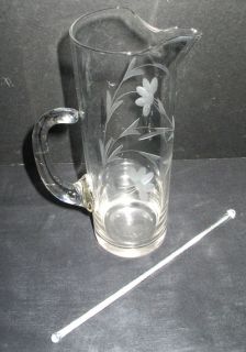 Antique Etched Glass Martini Cocktail Pitcher w Stirrer