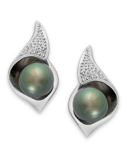 Sterling Silver Earrings, Cultured Tahitian Pearl and Diamond Accent