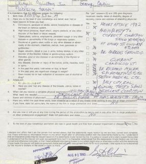 George Carlin Medical Exam Form Signed Circa 1990