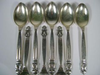 Georg Jensen Acorn Sterling Silver Flatware 8 Teaspoon Spoon Lot 2