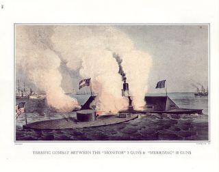 Currier Ives Civil War Print Ironclad Ships Merrimac Monitor