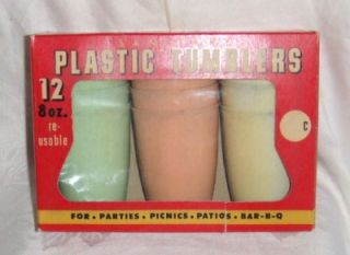 Vintage Plastic Drinking Glasses Tumblers Box of 12 8 oz Cups 3 Colors