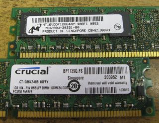 Micron Crucial 2 x 1GB PC3200 400MHz Non ECC DDR Desktop Memory Low