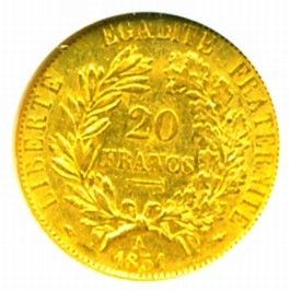 1851 A FRANCE CERES GOLD COIN 20 FRANCS * NGC CERT GENUINE SHARP AU 58