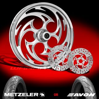 Savage Chrome 21 Front Wheel, Tire & Dual Rotors for 2000 13 Harley