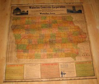 Old 1930 State of Iowa Wall Map Advertising Calendar Waterloo Concrete